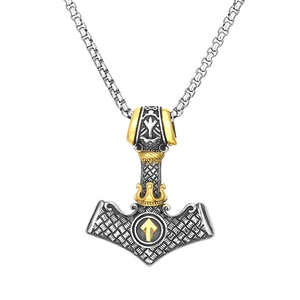 Vintage Viking Thor's Hammer pendant in silver and gold steel with square box chain