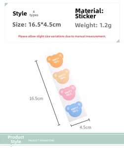 Detail view of cartoon dog waterproof stickers showing dimensions and Happy Mail design