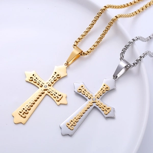 Double-layered stainless steel cross necklace with crystal in gold and silver finish