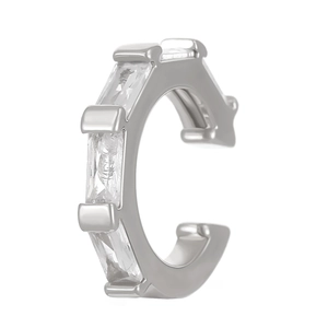 Detailed side view of silver C-shape ear cuff with clear baguette-cut cubic zirconia