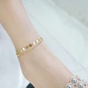 Double-layered gold stainless steel anklet with round sequin charms and delicate bead chain