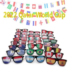 Close-up of 2022 World Cup flag sunglasses featuring countries like Brazil and Germany
