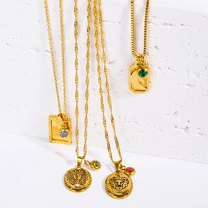 Gold stainless steel zodiac necklaces with Virgo and Leo pendants and colorful zircons