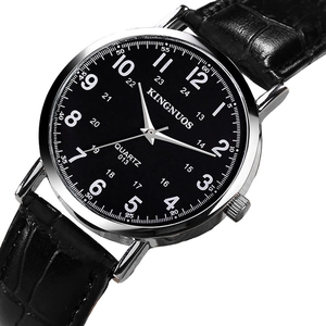 Elegant men's quartz watch with black dial, silver case, and premium black leather strap
