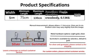 Size guide for adjustable 5cm wide jacquard crossbody strap with metal hardware options