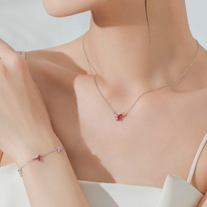 Parure papillon en argent S925 avec pierres roses et rouges pour femme, élégante