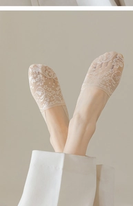 Elegant beige jacquard lace invisible boat socks shown on feet for a breathable summer style