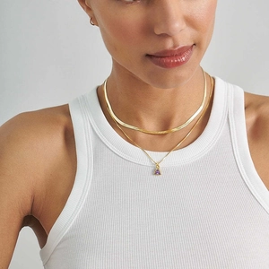 Gold stainless steel snake chain and triangle purple zircon pendant necklace set