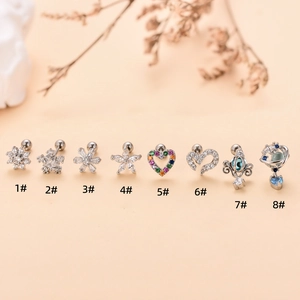 Silver stud earrings set with heart, star and zircon inlay patterns for women