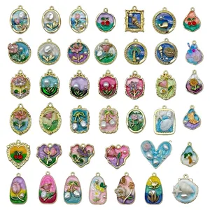 French Monet garden style alloy enamel flower and shell charms for DIY jewelry making