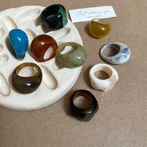 Chunky Resin Ring Minimalist Geometric Acrylic Marble Texture Dopamine Style Retro Jewelry For Women