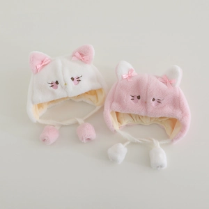 Cute baby cat ear plush winter hats in white and pink with bows and pom-poms