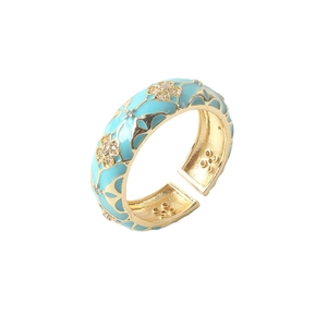 18K gold plated ring with light blue enamel flower and cubic zirconia accents
