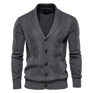 Men's dark grey V-neck cardigan with diamond pattern knit and button closure
