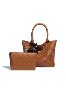 Brown woven leather tote bag with small clutch pouch and cute dog charm on white background