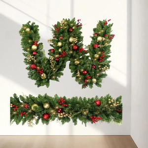 Detail of 2.7m Christmas garland with red gold balls, red berries and LED fairy lights