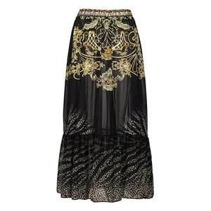 Close-up of baroque gold prints and gem-embellished waistband on high-waist skirt