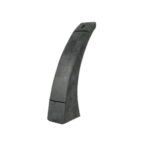 Detailed side view of a curved dark grey velvet jewelry stand for necklace display
