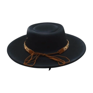 Detail of black felt hat featuring brown suede band, gold metalwork and leather tassels