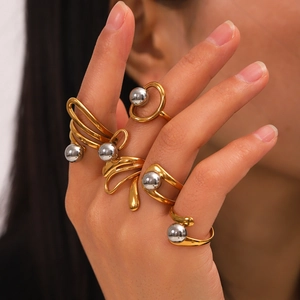 Two-tone sphere stainless steel ring set with irregular flowing lines for women