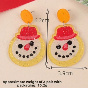 Detail view of acrylic snowman earrings with colorful glitter and 6.2cm x 3.9cm size scale