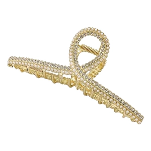 Elegant 11cm gold metal hair claw clip adorned with pearls and crystals for buns