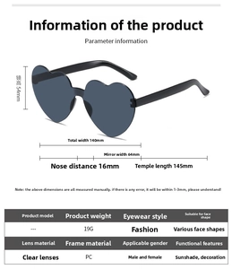 Detailed dimension chart showing 140mm frame width and heart-shaped lens size measurements