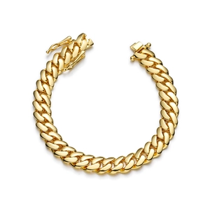 Detailed view of gold plated Cuban chain bracelet featuring a secure butterfly clasp design