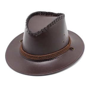 Chapeau de cowboy marron foncé en similicuir avec corde tressée et évents latéraux