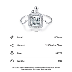 Bague luxueuse en argent sterling S925 avec zircon carré et anneau ajustable