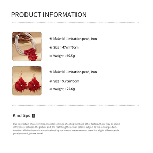 Detailed spec sheet for tiered pearl necklace with red flower pendant and earrings