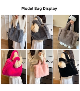Detailed views of six plush tote bag colors including grey, pink, and rose red