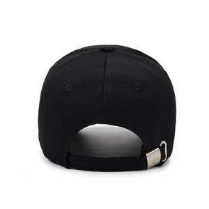 Rear view of black baseball cap with adjustable strap and matte metal buckle closure
