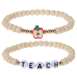 Beaded teacher bracelet set with natural wood beads, red apple charm, and TEACH letters