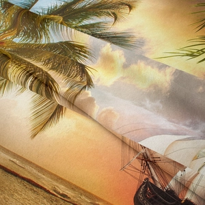 Detail des gewebten Stoffes mit tropischer Sonnenuntergangslandschaft und Segelboot
