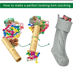 Detail of filling gray cable knit Christmas stocking with candy and small gifts