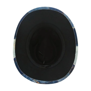 Detail view of denim fedora hat interior with black lining and adjustable inner drawstring