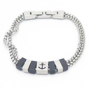 Men's double-layered stainless steel bead bracelet with silver and black anchor charm