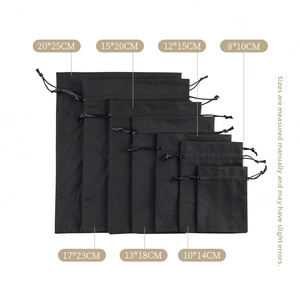 Size comparison chart showing seven black canvas drawstring pouches from 8x10 to 20x25cm