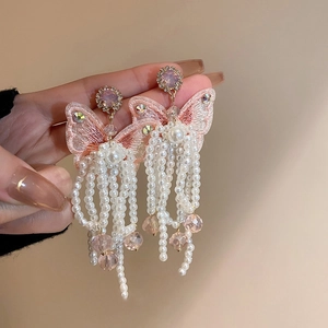 Pink embroidery butterfly earrings with white pearl tassels and rhinestone accents