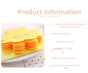 Detail view of yellow flower-shaped fluorescent sticky notes in 8x8.5cm OPP packaging