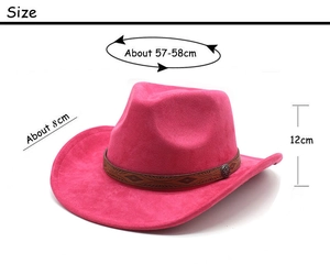 Détail du chapeau de cowboy rose avec dimensions 57-58cm et bande décorative
