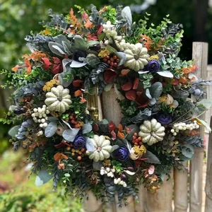 Autumn Fall Eucalyptus Wreath With White Pumpkins Purple Flowers Berries For Front Door Thanksgiving Harvest Wall Hanging Decor