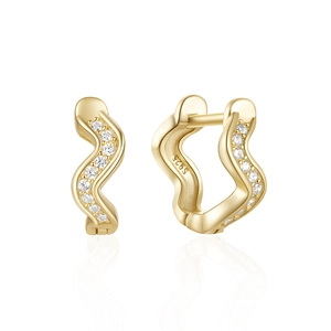 Close-up of S925 sterling silver wave earrings with gold plating and cubic zirconia
