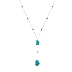 Macro detail of S925 silver Y-shaped necklace with teardrop turquoise pendant