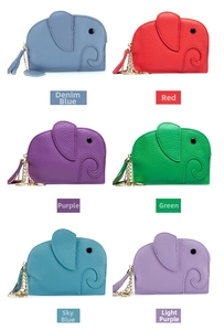 Litchi texture leather elephant coin purses with zipper and gold keychain in six colors