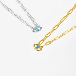 S925 sterling silver paperclip link necklace featuring a blue marquise zircon pendant