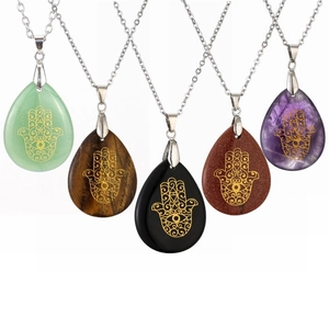 Hamsa Hand Pendant Necklace Natural Stone Amethyst Tiger Eye Water Drop Fatima Palm Evil Eye Copper Retro Ethnic Jewelry