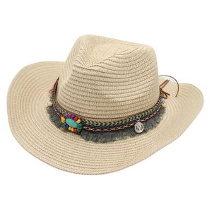 Western cowboy straw hat with ethnic beads and turquoise for summer sun protection