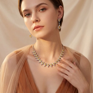 Elegant silver bridal jewelry set with yellow pear-cut gemstones worn by a model